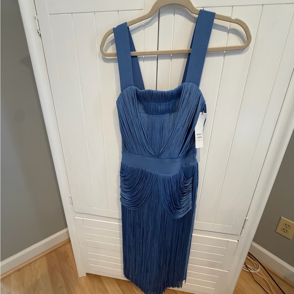 NWT Herve Leger Slate Blue Pleated Fringe Midi Dress. Wore once.